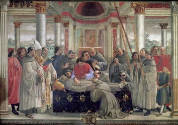 A morte de São Francisco, cena de um ciclo da Vida de São Francisco de Assis, 1486