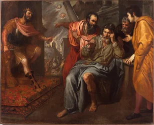 Mediis tranquillus in undis ou "A imperturbabilidade do filósofo grego Anaxarchus de Abdere (século IV a.C.)" Ele foi um companheiro de Alexandre o Grande representante à esquerda. Pintura de Domenico Fiasella dit il Sarzana (1589-1669) 1630-163