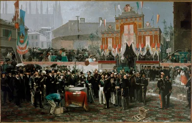 Cerimônia para a pedra angular da galeria Vittorio Emanuele II em 7 de março de 1865 (óleo sobre madeira