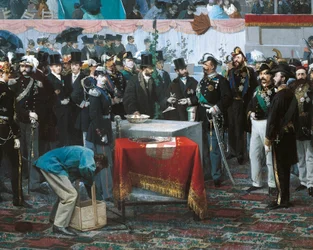 A Colocação da Pedra Fundamental da Galleria Vittorio Emanuele em Milão, de Domenico Induno, detalhe, óleo sobre tela
