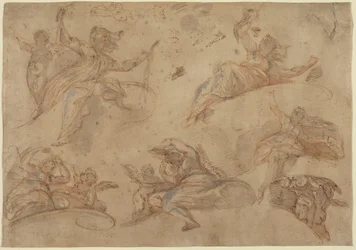 Figuras alegóricas vistas de baixo (caneta e tinta castanha com lavagem vermelha, realçada com branco, sobre giz vermelho)