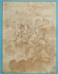 Júpiter confia Bacchus a Mercure Drawing com lavagem castanha e sangue de Domenico Canuti (1620-1684) Paris. Museu do Louvre