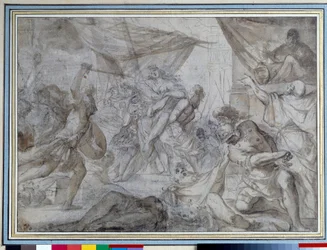 Soldados raptaram uma rainha e carregaram-na num navio Desenho de Domenico Canuti (1620-1684) Paris do século XVII. Museu do Louvre