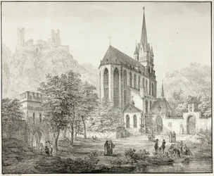Igreja Colegiada de Nossa Senhora, com o Castelo Schoenberg em Oberwesel, no Reno
