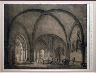 Domenico quaglio II, pia batismal e claustro da catedral de Mainz, da coleção de edifícios medievais memoráveis na Alemanha, 1823, litografia
