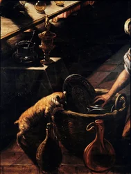 A última ceia (La cene) Detalhe de um gato procurando em uma cesta. Pintura de Jacopo Robusti chamada Tintoret (Tintoretto) (1518-1594) 1592-1594 Sol. 365x568 cm Veneza, igreja San Giorgio