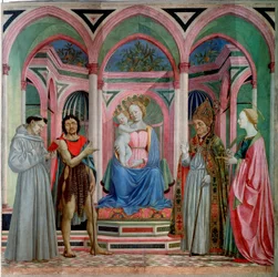 Altarpe de Santa Lúcia dei Magnoli: Madonna e Criança com Santa Lúcia, São Francisco, João Baptista e São Zanobi (Zenobie) Detrempe em madeira de Domenico Veneziano (Domenico di Bartolomeo) (início do século XV-1461) 1455 aproximadamente Sol. 209x213 c