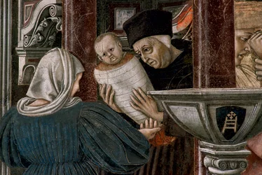 História do hospital: "Vista do orfanato de santa Maria della scala em Siena" o casamento de uma jovem órfã. Detalhe mostrando o abandono da menina órfã à nascença. Fresco por Domenico di Bartolo (1400/1404-1445/47) no Salão dos Peregrinos