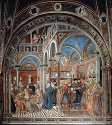 Vista do orfanato de santa Maria della scala em Siena. À esquerda, as babás cuidam de crianças abandonadas, à direita, uma mulher grávida obrigada a casar. Fresco por Domenico di Bartolo (activo entre 1428 e 1447) Spedale di Santa Maria del