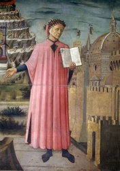 Itália, Região da Toscana, Florença, Catedral, retrato de Dante Alighieri, Florença e alegoria da Divina Comédia de Domenico di Michelino, distemper sobre tela