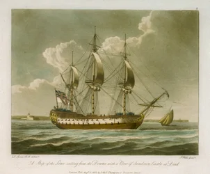 Um navio de linha a navegar a partir de Downs com vista para o Castelo de Sandown em Deal