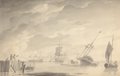 Cena de Batalha, Três Navios de Batalha, Um Afundamento; Números à Esquerda em Rowboat e Cais de Pé
