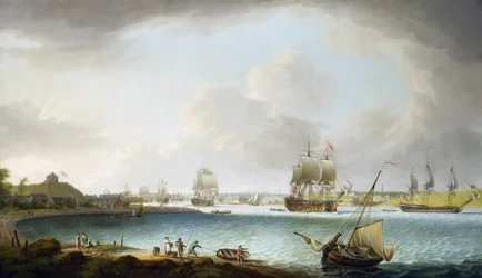 Esquadrão de navios de guerra da Marinha Real Britânica em Plymouth, Inglaterra. Óleo sobre tela