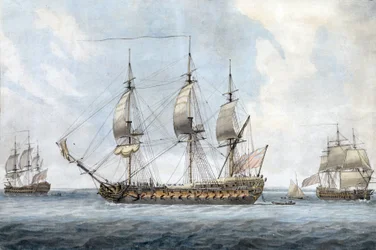 Retrato de um navio britânico de 74 canhões, em Solent (Inglaterra), visto de três ângulos diferentes. Pintura de Dominic Serres, o Velho (1719-1793), aguarela por volta de 1788.