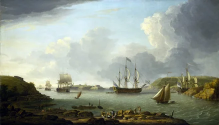 Regresso de uma frota a Plymouth (Inglaterra), descrição da cidade e da baía, incluindo a ilha Drake e a montanha Edgcumbe. Óleo sobre tela