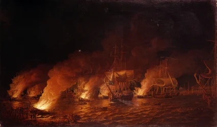 Guerra dos Sete Anos (1756-1763): Navios de guerra franceses atacando a frota britânica ao largo da cidade de Quebec (Canadá) à noite, em 28 de junho de 1759. Óleo sobre tela