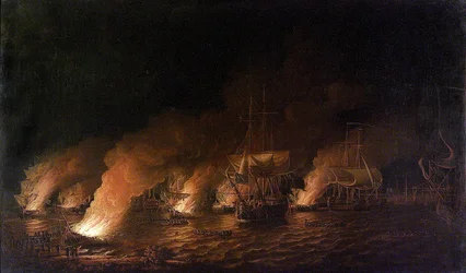 Guerra dos Sete Anos (1756-1763): Navios de guerra franceses atacam a frota britânica ao largo da cidade do Quebeque (Canadá), à noite, em 28 de junho de 1759