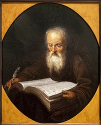 Um monge a ler, uma pena na mão. Pintura de Domenicus Van Tol (1635-1676), óleo sobre tela, de Gerrit Dou (1613-1675). Arte flamenga