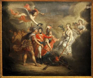 A paz de Amiens. Traite assinou em 25 de março de 1802 entre o Reino Unido e seus aliados o Império Otomano, por um lado, e a França, Espanha e Holanda, por outro. O quadro retrata Napoleão I Bonaparte, coroado por um anjo tocando a trombeta.
