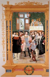 Etienne Leblanc (1490-1565) apresenta a Anne de Montmorency (1493-1567) a sua tradução do discurso de Ciceron (1531) - Cópia do frontispício conservado em São Petersburgo (Rússia), gouache de Dominique Henri Guifard (1838-1913), final do século XIX - C