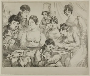 Conversa, um desenho e leitura em família, a enfermeira segurando um bebê, um retrato do príncipe Edmond de Beauvau atrás de uma cadeira e retratos de Madame Lavallée e Madame Vallory, ambos sentados