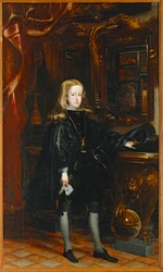 Carlos II, de fato preto com o Tosão de Ouro ao pescoço. Filho de Filipe IV