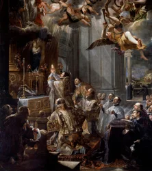 Missa de fundação da Ordem da Trindade A Ordem Religiosa da Trindade (ou Santíssima Trindade) foi fundada por João de Matha (1154-1213). Detalhe de um quadro de Juan Carreno de Miranda (1614-1683) Dim. 5x3,1 m
