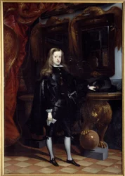 Retrato no pé de Carlos II de Espanha (1661-1700) Pintura de Juan de Carreno Miranda (1614-1685)
