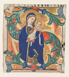 S inicial [alve sancta parens] de um Gradual: Madonna and Child, c. 1370-1374.
