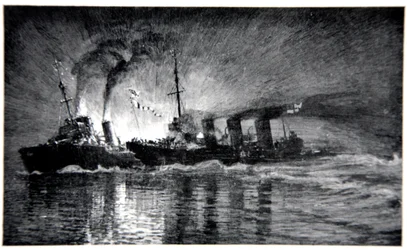 HMS Broke atacando o Destruidor Alemão, ilustração de &39;The Naval Front&39; de Gordon S. Maxwell, 1920