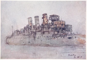 HMS Vindictive, 25 de abril de 1918, ilustração de "The Naval Front" por Gordon S. Maxwell, 1920