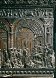 Cristo diante de Pôncio Pilatos. Pormenores. Baixo relevo do púlpito esquerdo, c.1460 aprox