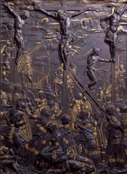 Crucificação de Cristo, cerca de 1465, relevo em bronze damasquinado, 93 x 70 cm, Itália