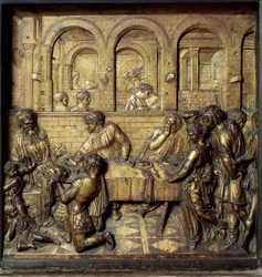O banquete de Herodes Antipas II (21 a.C.-39 d.C.). Pormenor do relevo inferior da pia batismal realizada por Donato di Niccolò di Betto Bardi, dito Donatello (1386-1466)