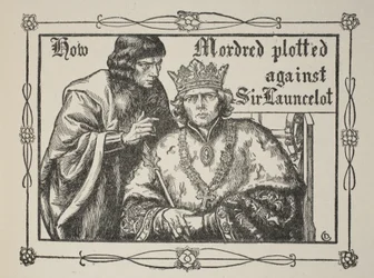 Como Mordred conspirou contra Sir Lancelote, ilustração de "Histórias do Rei Arthur e da Mesa Redonda" de Beatrice Clay, 1a Edição, 1905