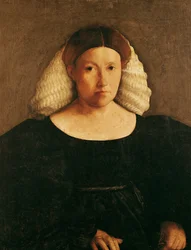 Retrato, de, um, mulher, com, um, branca, Hairnet