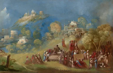 Os Troianos Construindo o Templo de Vénus e Fazendo Oferendas no Túmulo de Anquises na Sicília, c.1520 (óleo sobre tela)