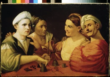 ""os ilusionistas"" (Os conjuradores) Um casal de charlatães, enganando suas vítimas usando cubos mágicos. Pintura de Giovanni Luteri conhecido como Dosso Dossi (por volta de 1486-1542) Museu Pushkin do século XVI, Moscou