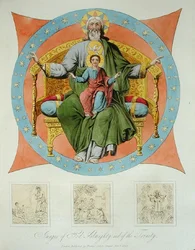 Imagens de Deus Todo-Poderoso e da Trindade da Catedral da Assunção, Moscovo, placa 14 de "The Character of the Russians and a Detailed History of Moscow", publicado em 1823 (cor aquatint)
