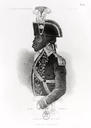 Retrato de Toussaint L&39;Ouverture (1743-1803) da &39;História Universal do século XIX&39; gravado por Joseph Julien Guillaume Dulompre (n. 1789)