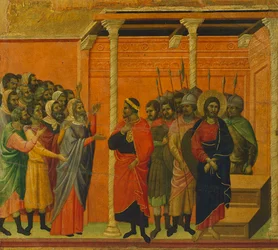 Altarpiece: Cristo acusado pelos fariseus, detalhe de um azulejo das Histórias da Paixão e Ressurreição de Cristo, superfície invertida da "Maesta" na Catedral de Siena