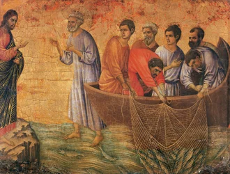 Cristo no Mar da Galileia, detalhe de Episódios da Paixão e Ressurreição de Cristo, superfície invertida de Maesta