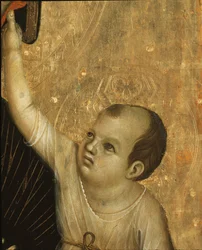 Crevole Madonna: Detalhe da Criança - tempera e ouro no painel