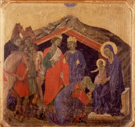 A vida do Cristo, a adoração dos magos. Predella de La Maesta (tempera sobre madeira)