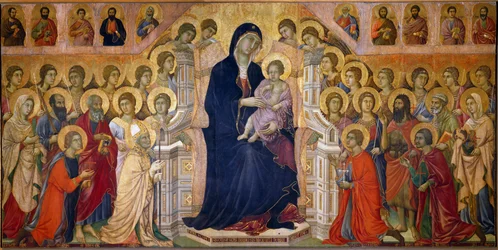 Maesta Madonna tem a criança no trono venerada por santos e anjos. Painel central. Fresco por Duccio di Buoninsegna (1255-1319)