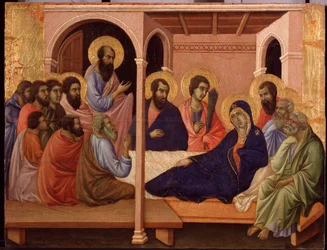 Maria deixa os Apóstolos. Predella de La Maesta (tempera sobre madeira