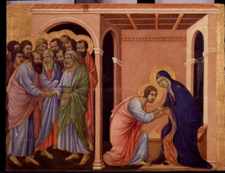 Maria despede-se de João, no exterior, os apóstolos Pedro e Paulo apertam as mãos. Detalhe da Maesta (tempera e ouro sobre madeira