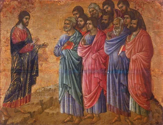 A Aparição de Cristo na Montanha da Galileia, detalhe de Episódios da Paixão e Ressurreição de Cristo, superfície invertida de Maesta