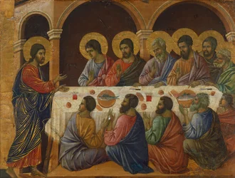 A Última Ceia, pormenor de um painel de Episódios da Paixão e Ressurreição de Cristo, face posterior do retábulo da Maestà de Duccio na Catedral de Siena, por Duccio di Buoninsegna (c. 1255 - antes de 1319)