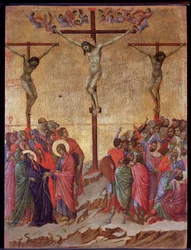A crucificação. Dos lados, o bom ladrão (Dismas) e o ladrão impenitente (Gestas). O retábulo da Maesta (tempera e ouro sobre madeira